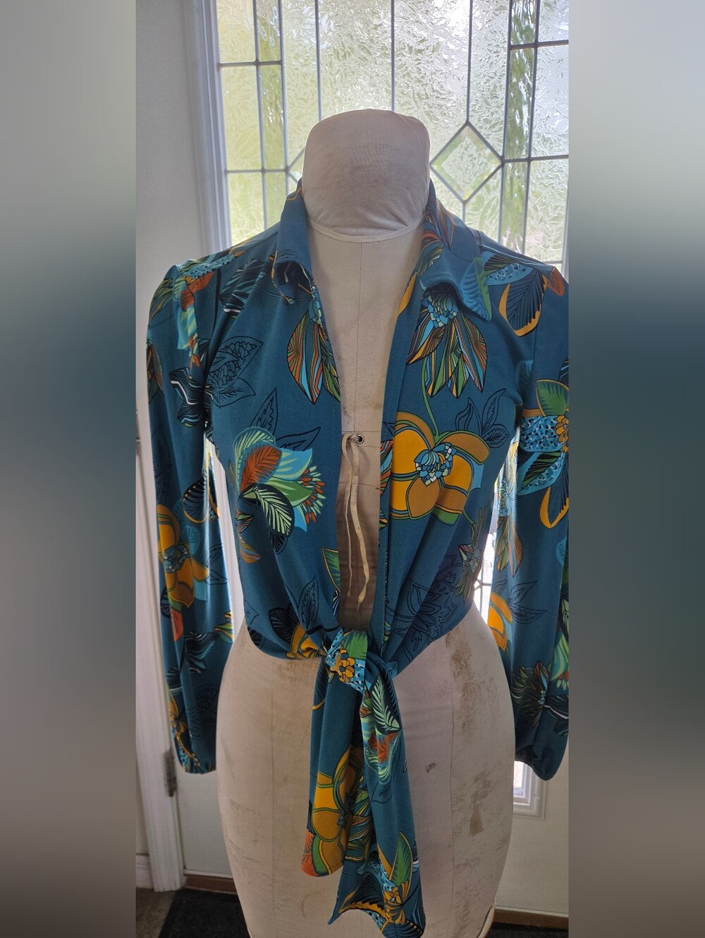 IMAN Teal Floral Tie-Front Swim Coverup with Yellow Accents